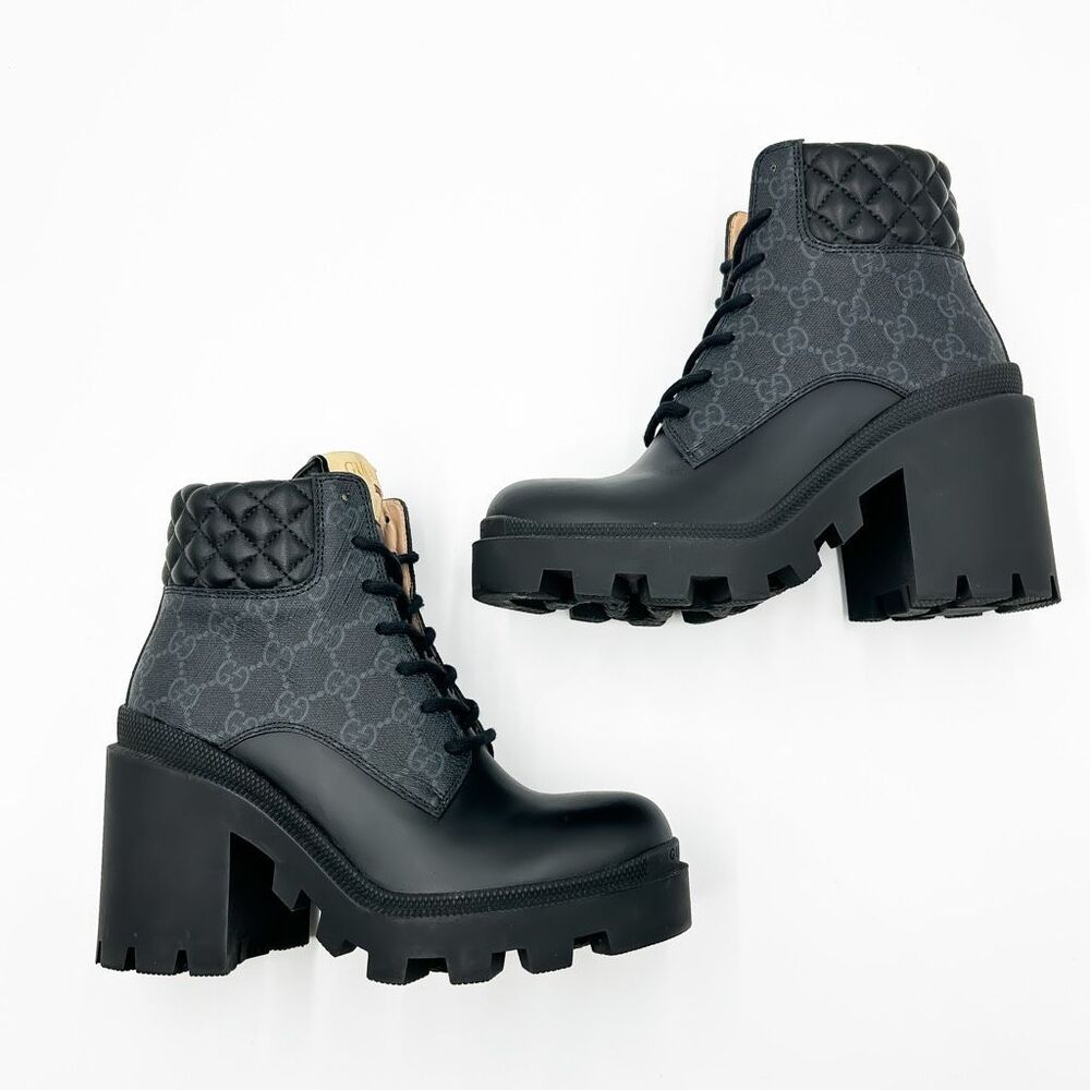 Gucci Boots GG Supreme Apollo Lug Sole Black Leather Canvas 37, 7 - Picture 9 of 14